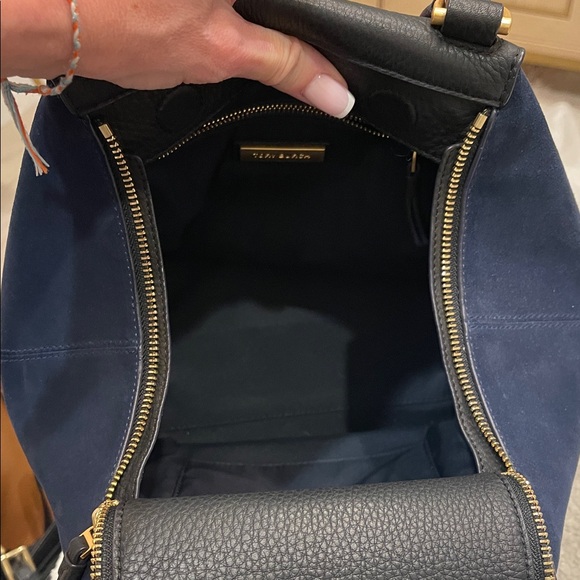 Tory Burch Black Leather & Blue Suede Half Moon Satchel - Picture 8 of 8